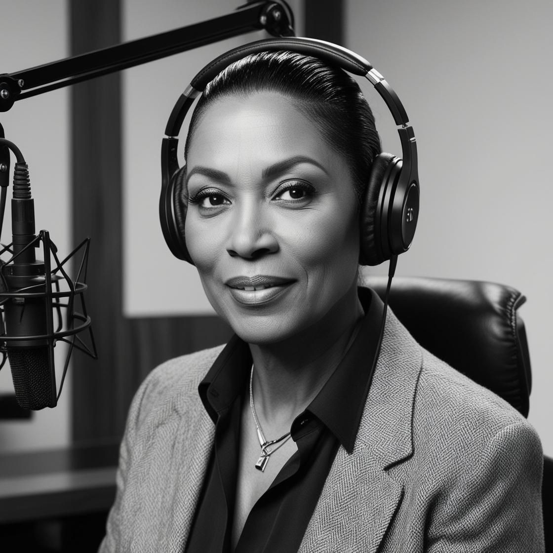 Person wearing headphones and a blazer, speaking into a professional microphone in a recording studio.