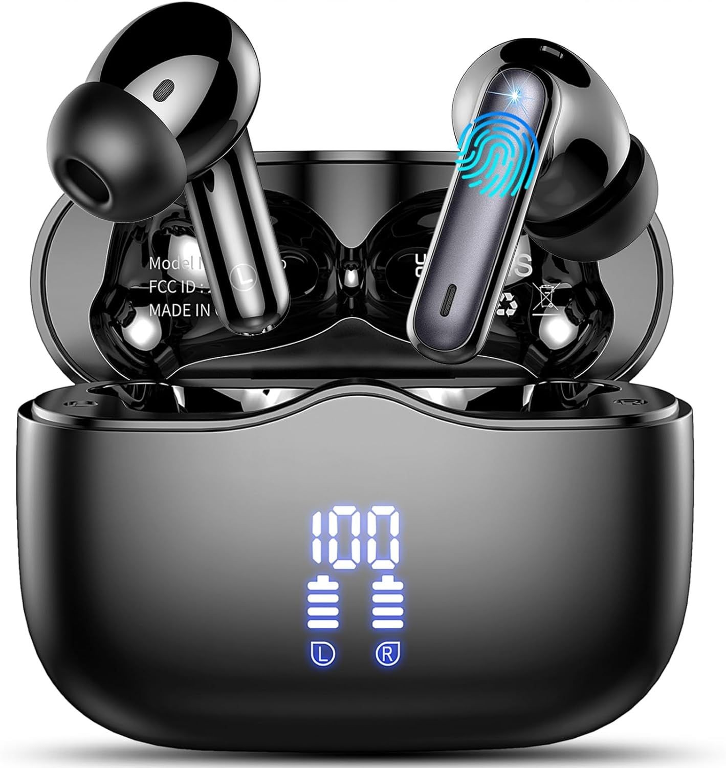 Black wireless earbuds with charging case displaying battery level and digital indicators.