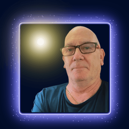 Man wearing glasses and a blue shirt against a starry night background with a glowing light effect.