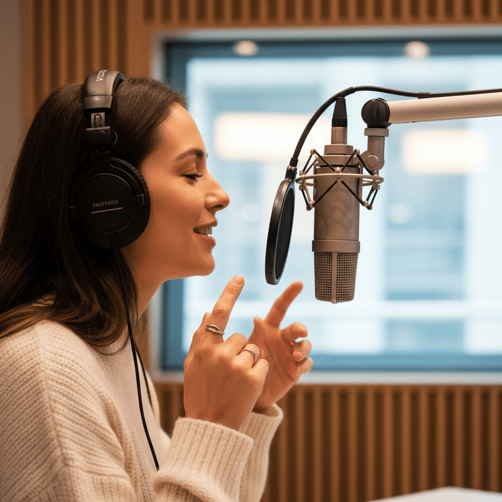 Female radio host speaking expressively into microphone wearing headphones in bright, modern studio environment Female radio host speaking expressively into microphone wearing headphones in bright, modern studio environment